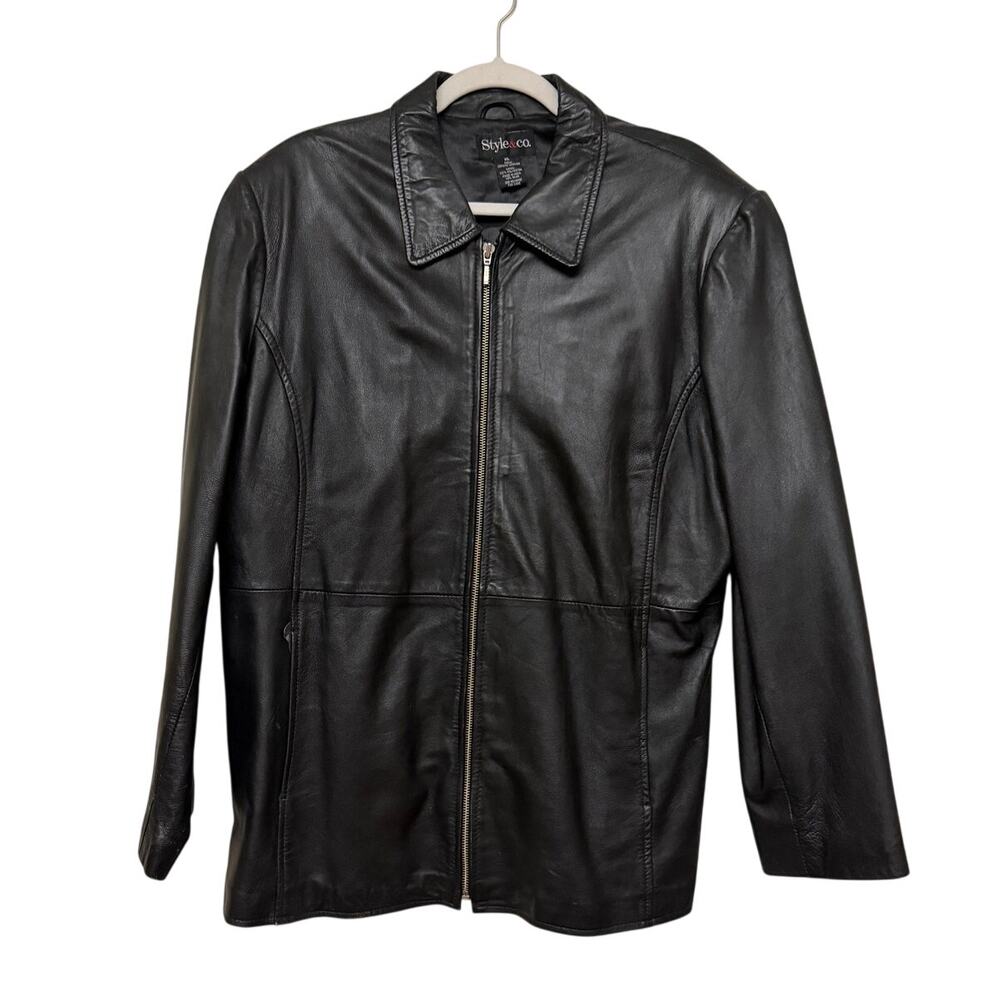 STYLE & CO Vintage 90s Women's size XL Black Leather Full Zip Moto Jacket FLAWED